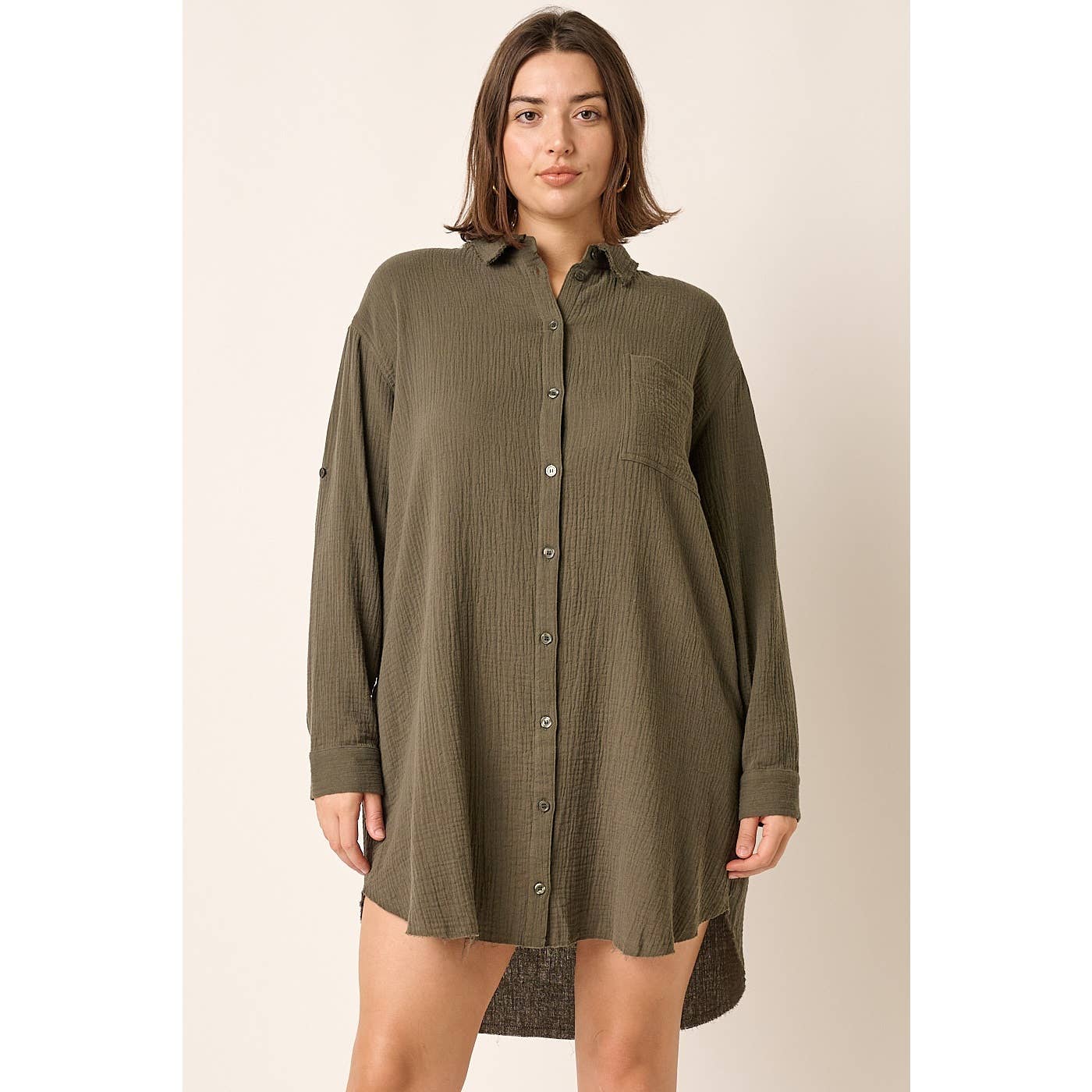 PLUS GAUZE OVERSIZED LONG SLEEVE SHIRT DRESS