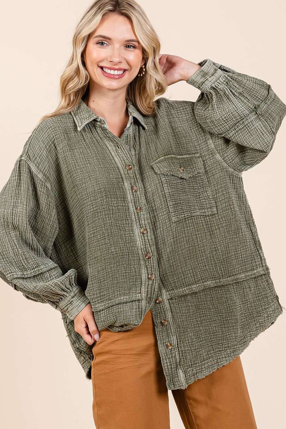 MINERAL WASH CRINKLE GAUZE BUTTON DOWN SHIRT