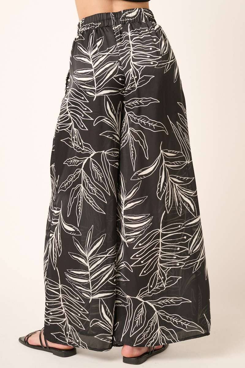 LEAF PRINT SATIN WIDE LEG PANTS