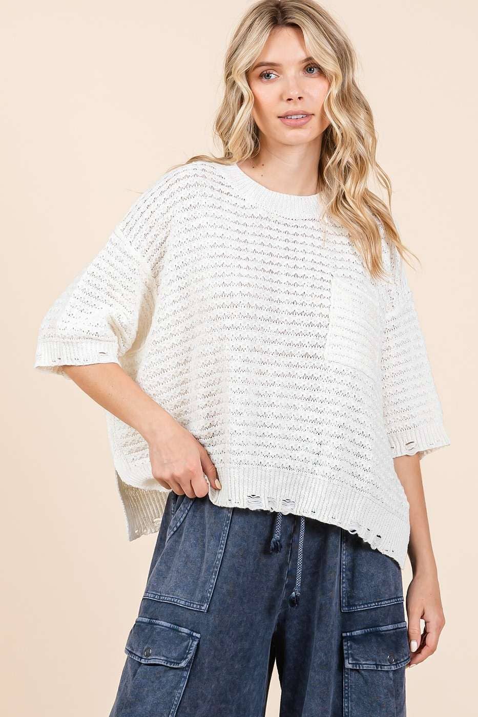 DISTRESSED HEM SHORT SLEEVE LOOSE SWEATER KNIT TOP