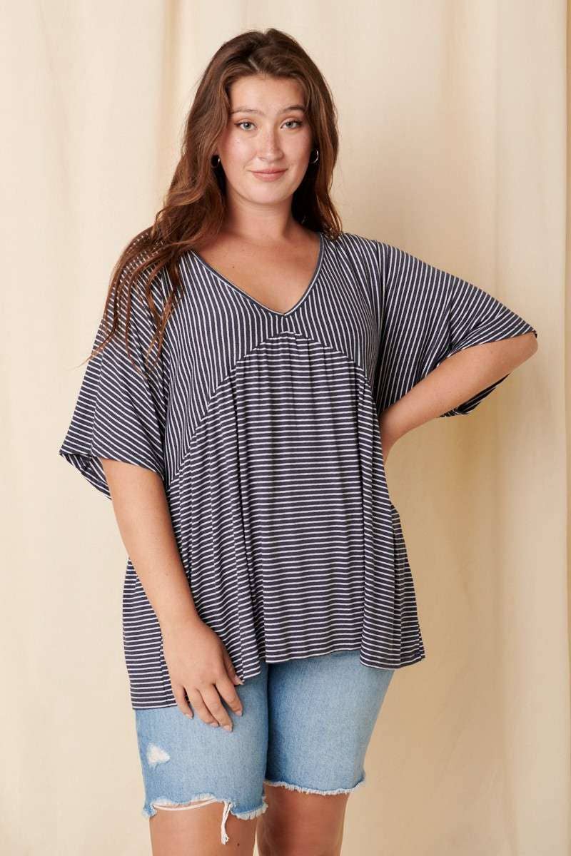 STRIPE V-NECK BABYDOLL KNIT TOP (Plus)