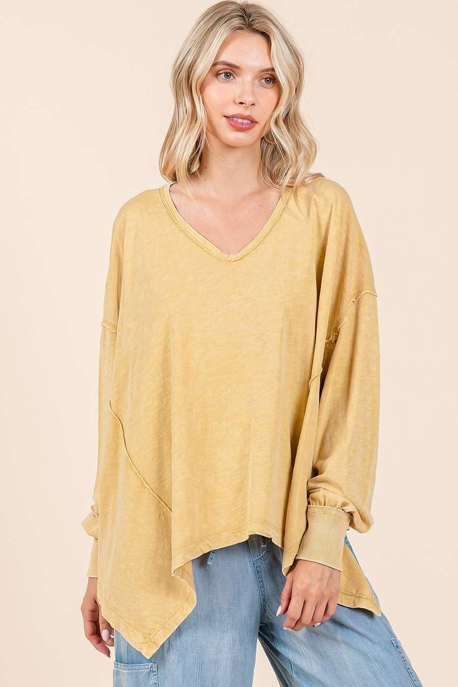MINERAL WASH V-NECK LONG SLEEVE OVERSIZED TOP