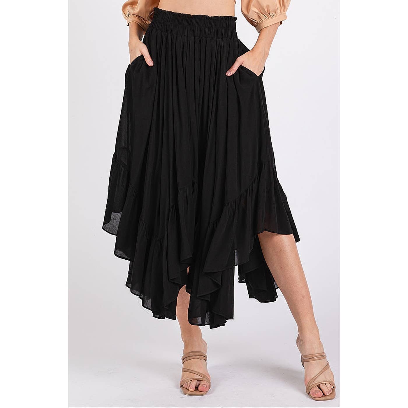HANDKERCHIEF HEM ELASTIC WAIST POCKET MIDI SKIRT