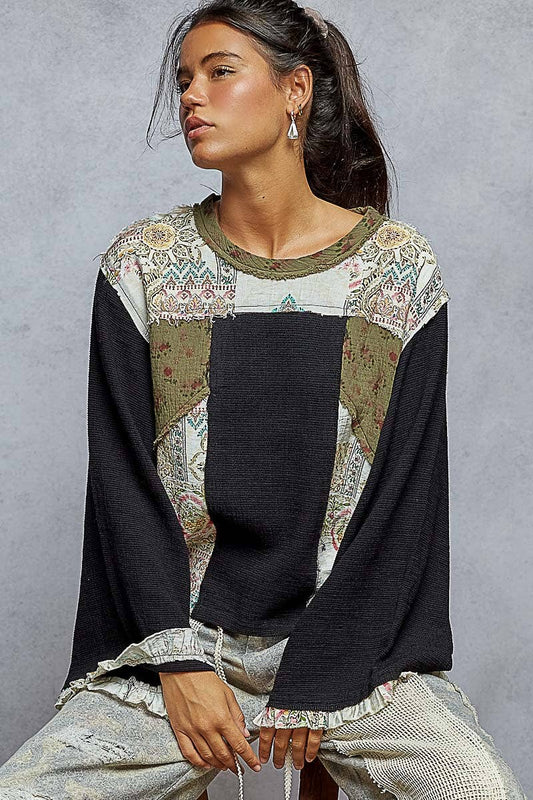 Long sleeve double gauze printed woven contrast top