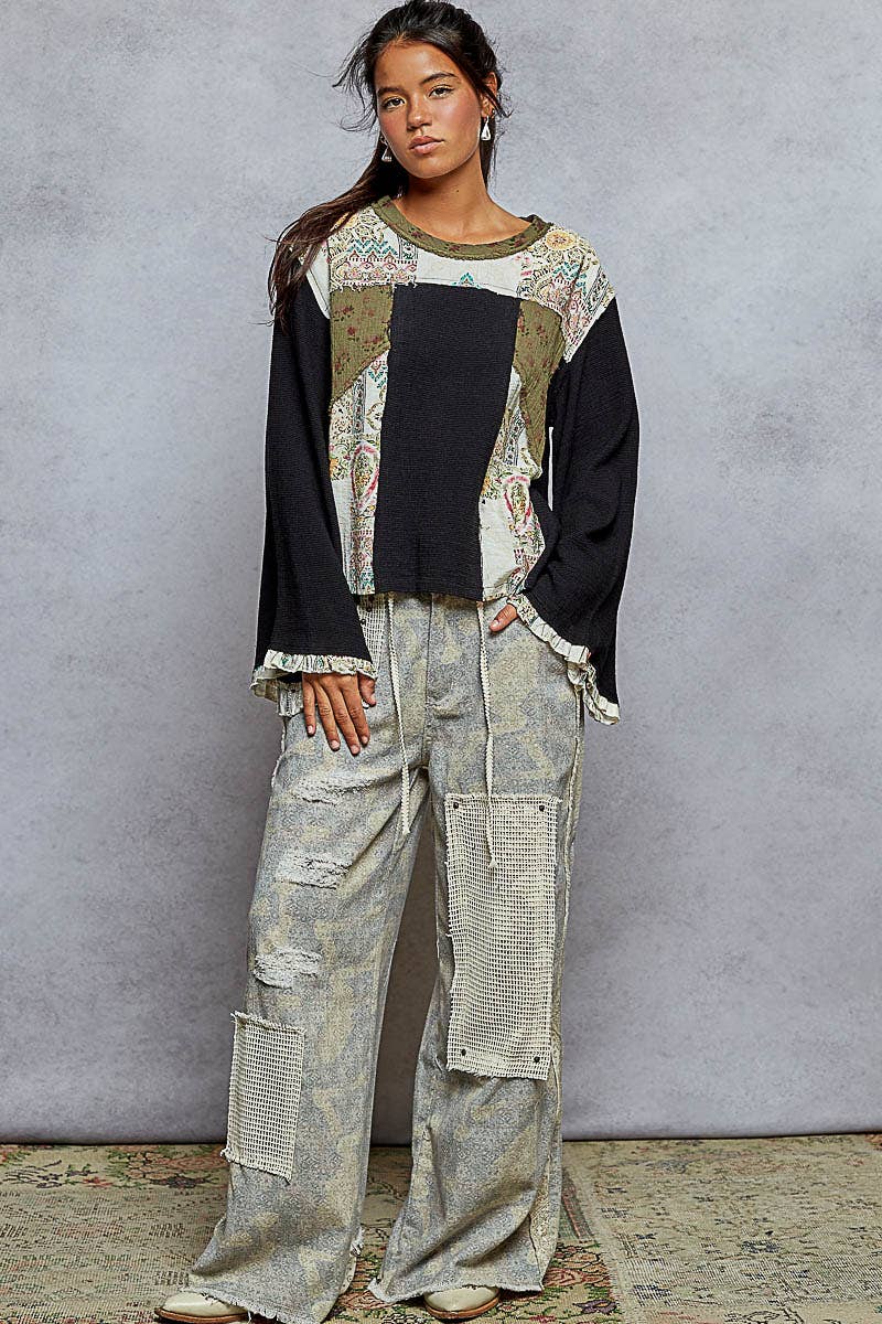 Long sleeve double gauze printed woven contrast top