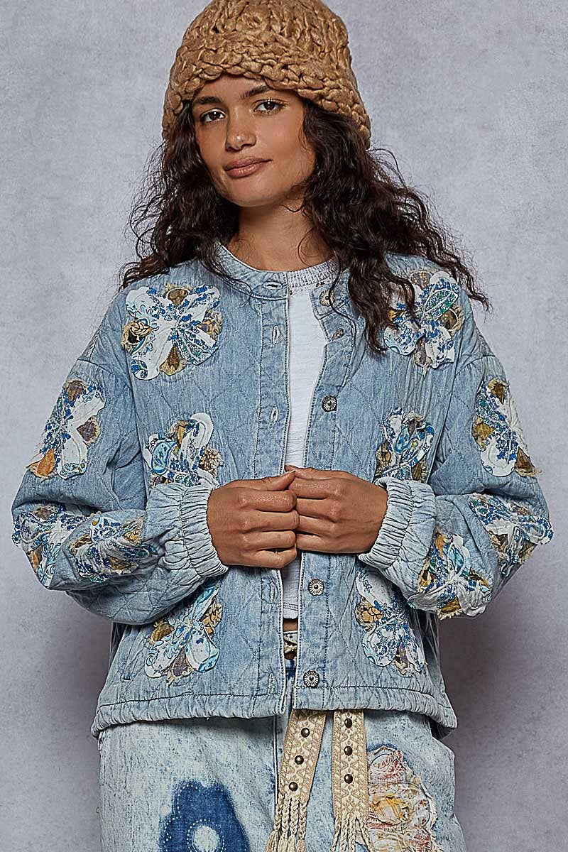 Mock neck balloon sleeve oversized fit quilted denim Jacket