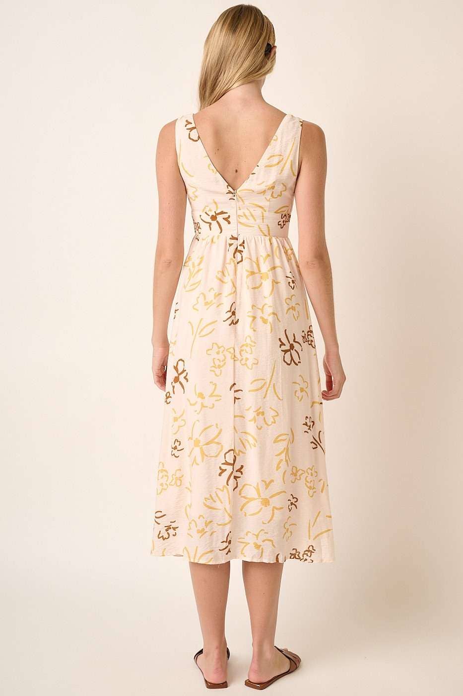 FLOWER PRINT EMPIRE WAIST SLEEVELESS MIDI DRESS