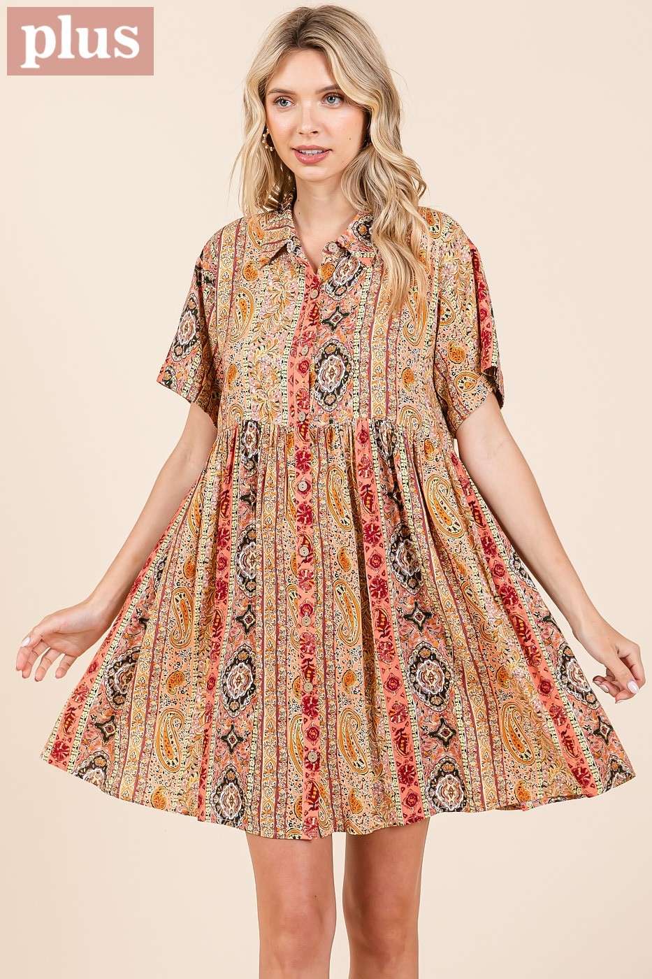 PAISLEY PATCHWORK PRINT MINI SHIRT DRESS (plus)