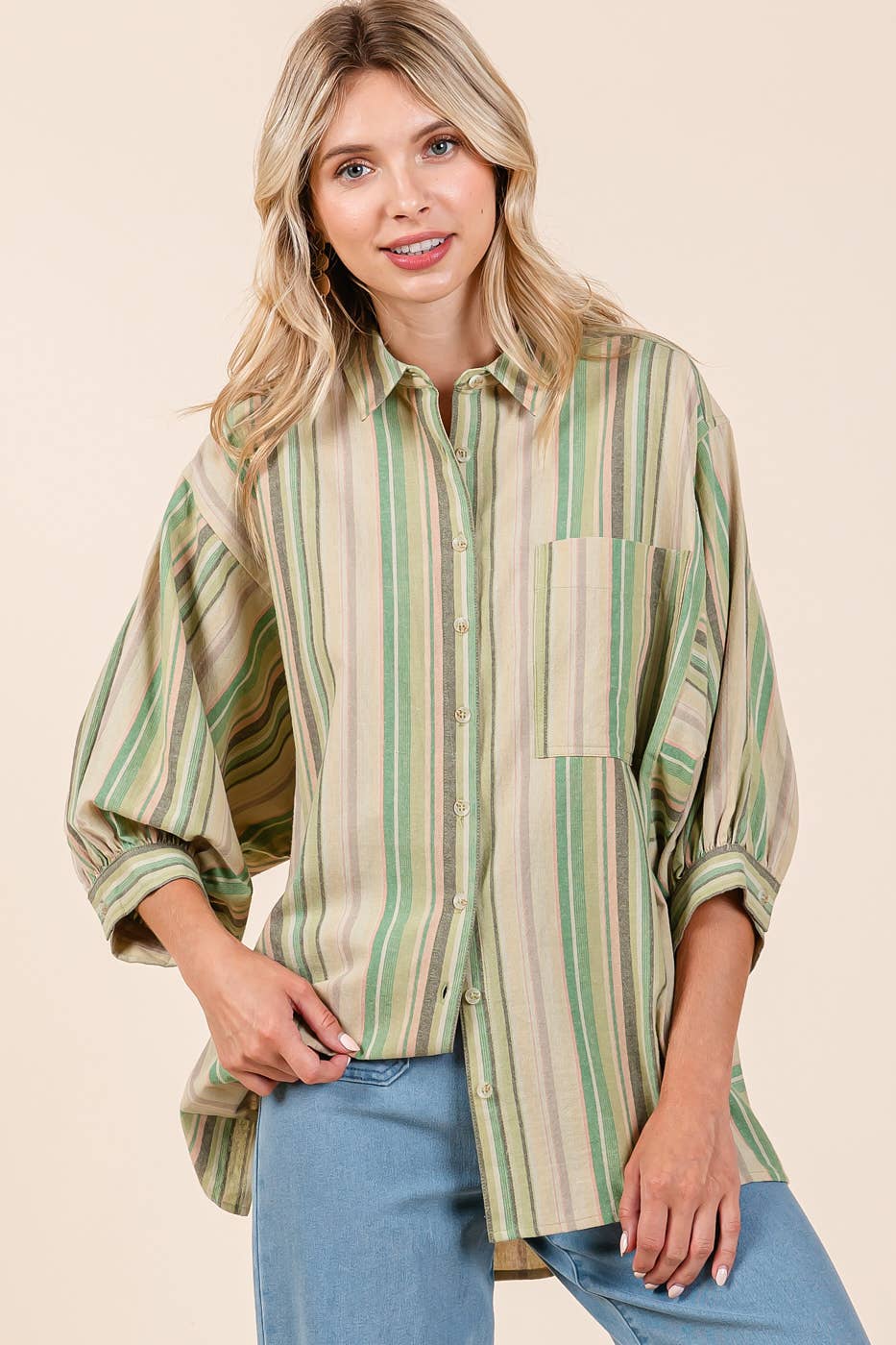 MULTICOLOR STRIPED BUBBLE SLEEVE BUTTON DOWN SHIRT
