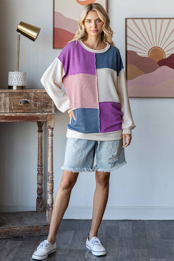 Patchwork Detail Rib Knit Top for Women