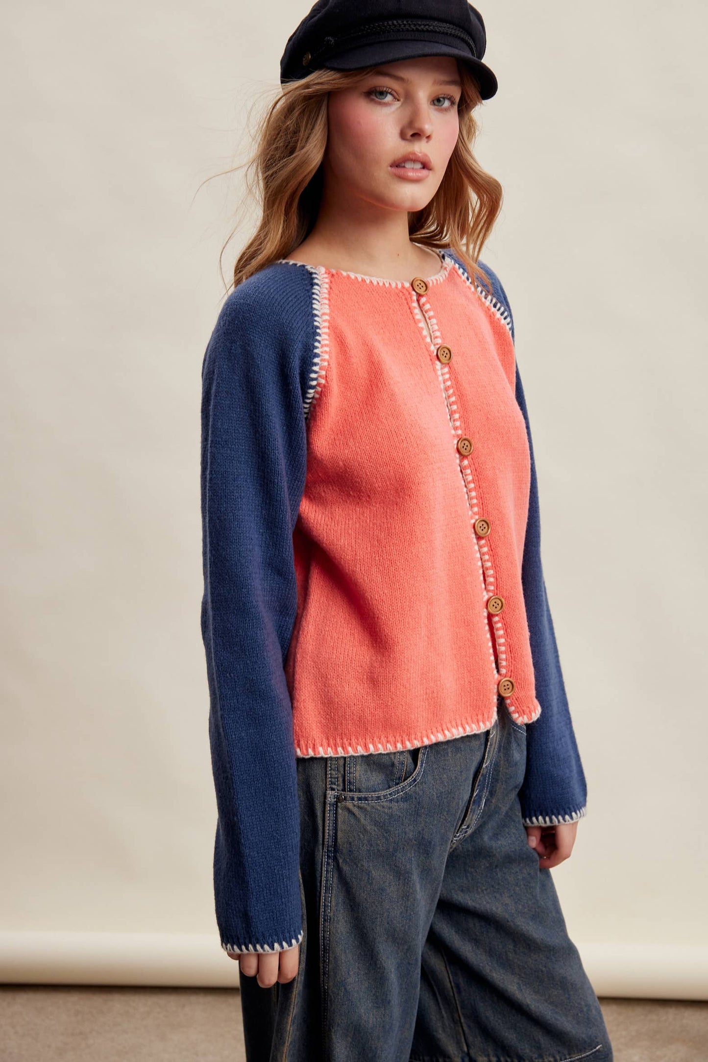 Contrast Stitch Raglan Knit Cardigan