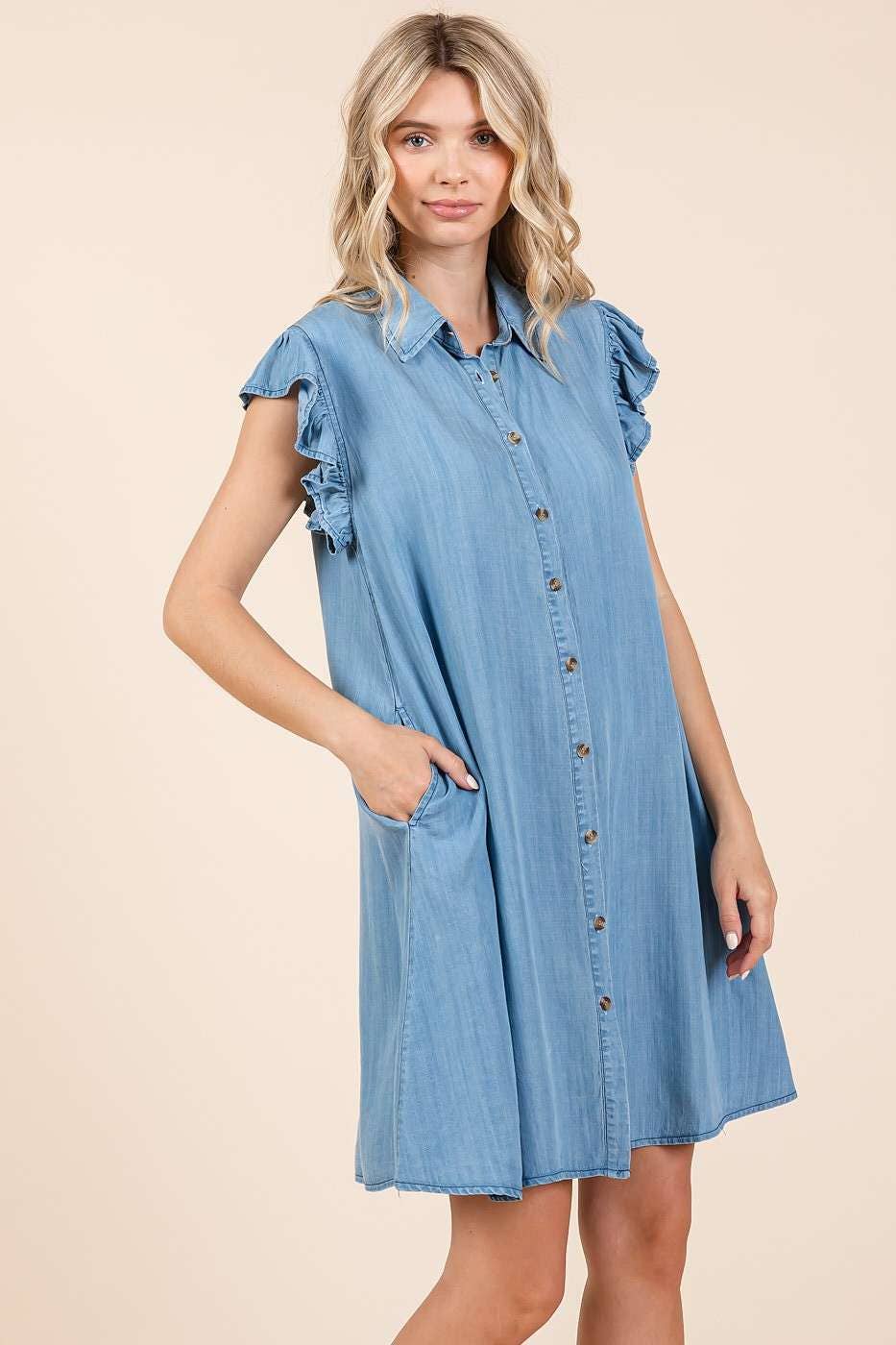 WASHED CHAMBRAY RUFFLE SLEEVE BUTTONED MINI DRESS