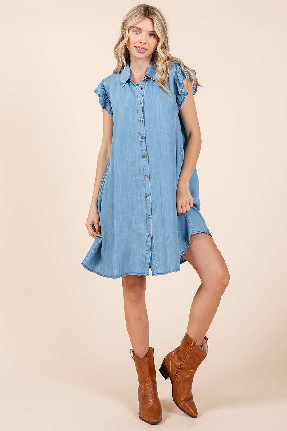 WASHED CHAMBRAY RUFFLE SLEEVE BUTTONED MINI DRESS