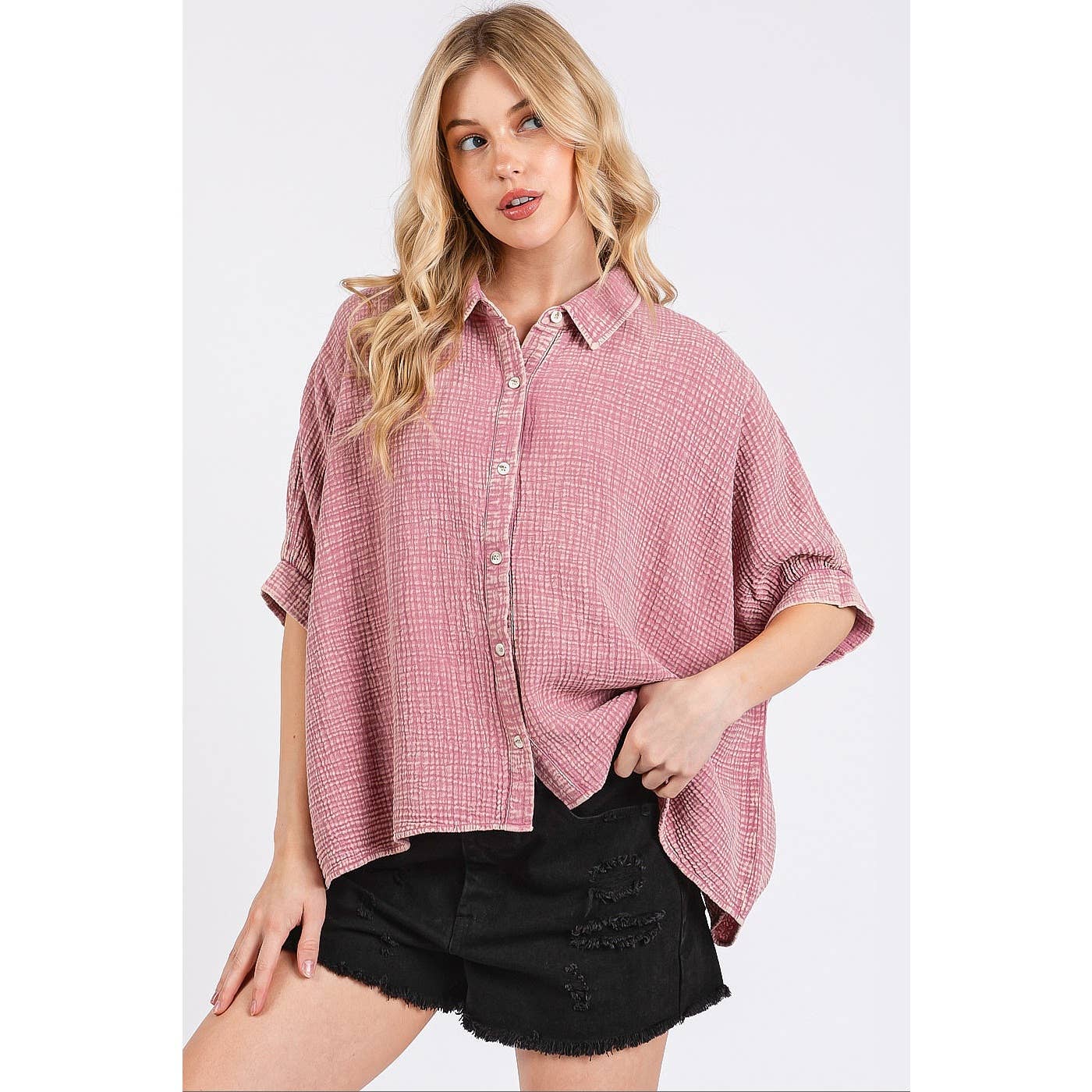 MINERAL WASH GAUZE DOLMAN SLEEVE BUTTON DOWN SHIRT