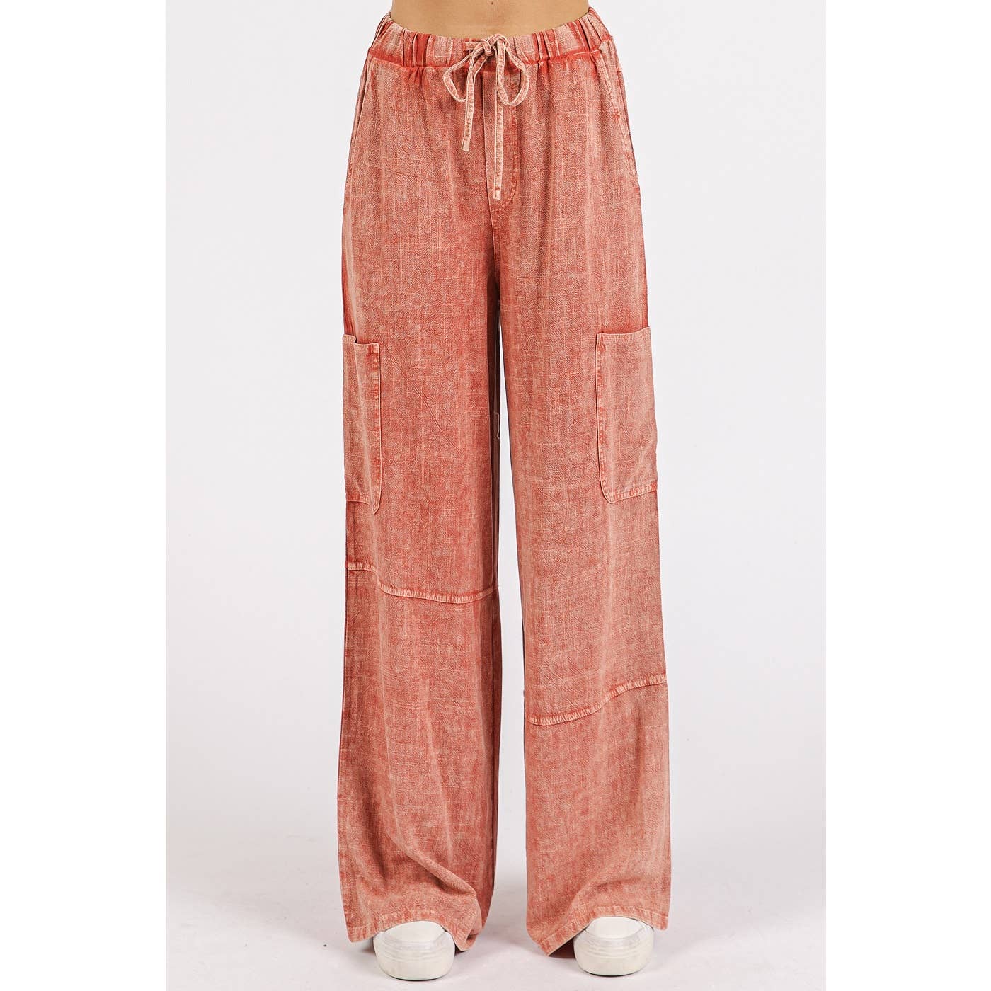 MINERAL WASH ELASTIC WAIST UTILITY POCKET PANTS