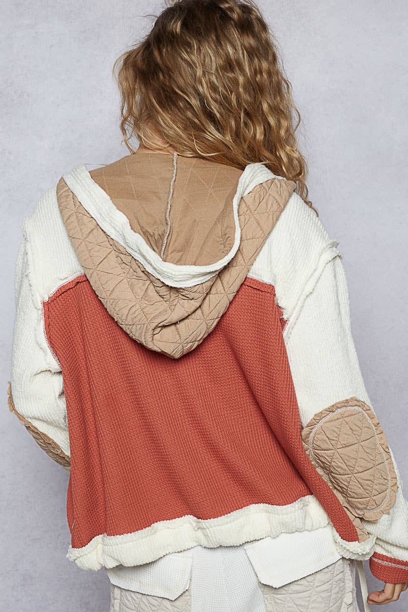 Cut sew multi fabric hooded shacket