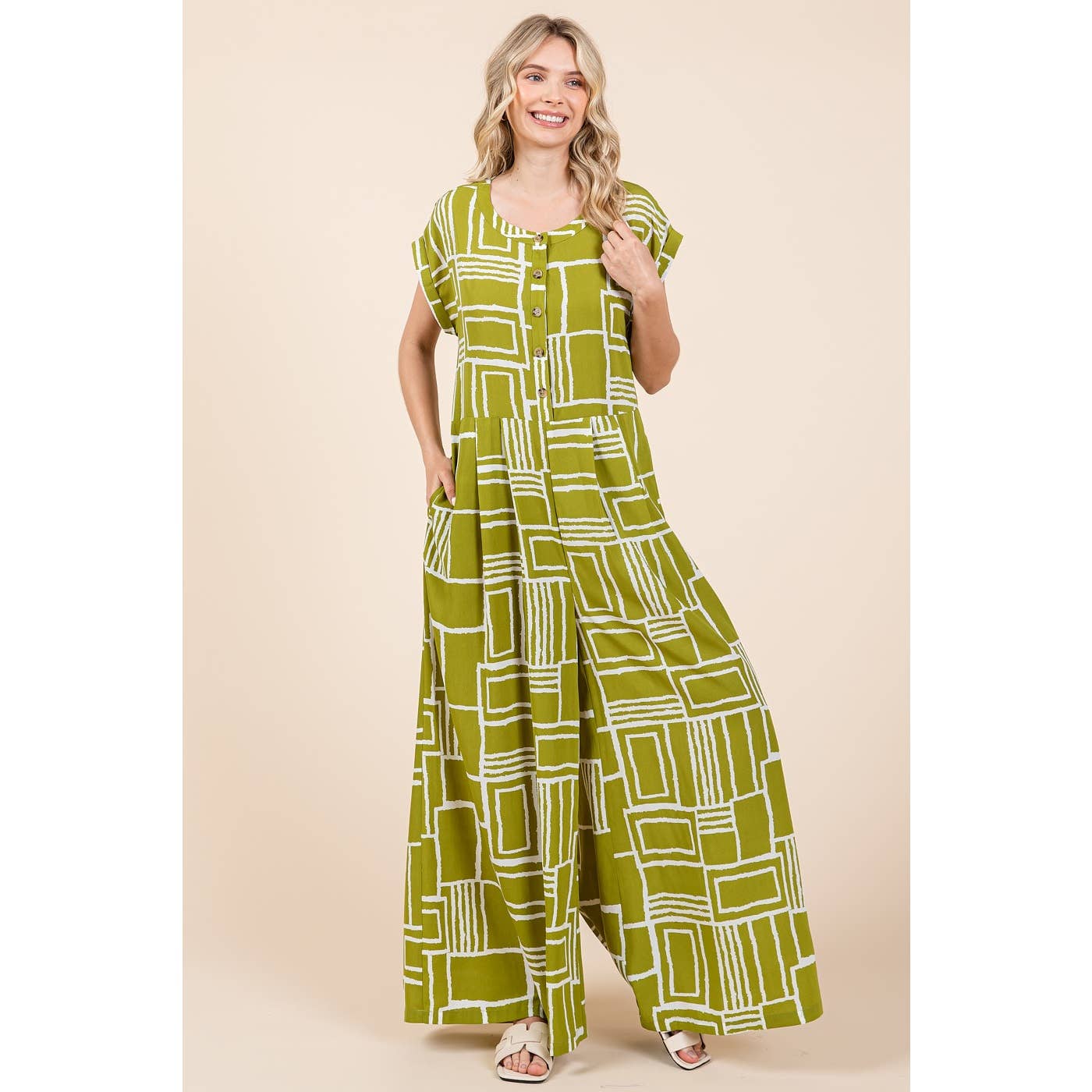 GEO PRINT PLEAT BUTTON DOWN SHORT SLEEVE JUMPSUIT