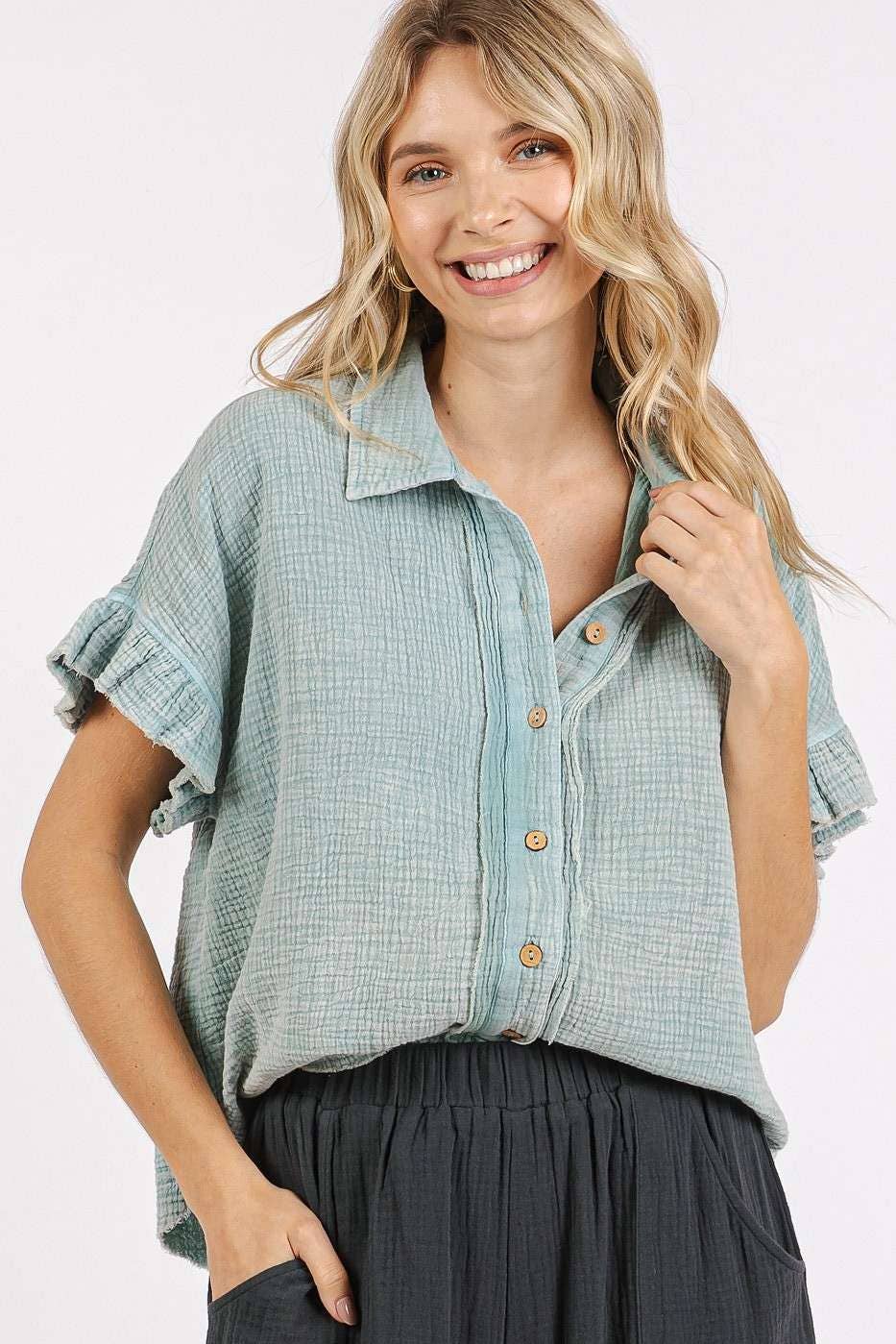 MINERAL WASH GAUZE RUFFLE SHORT SLEEVE SHIRT