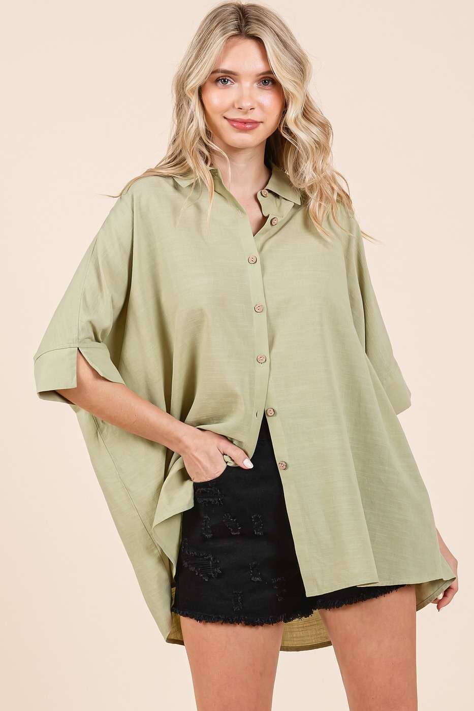 OVERSIZED BUTTON DOWN SHORT SLEEVE COLLARED SHIRT TOP