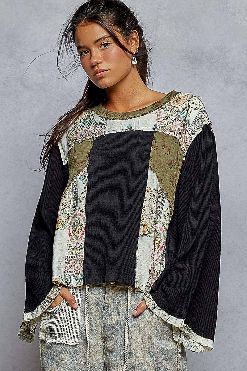 Long sleeve double gauze printed woven contrast top