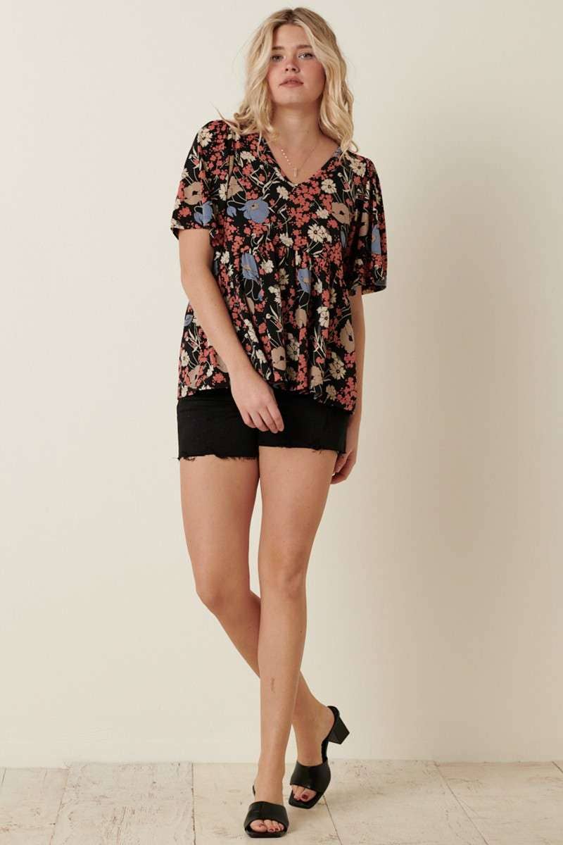 FLOWER PRINT V-NECK BABY DOLL KNIT BLOUSE