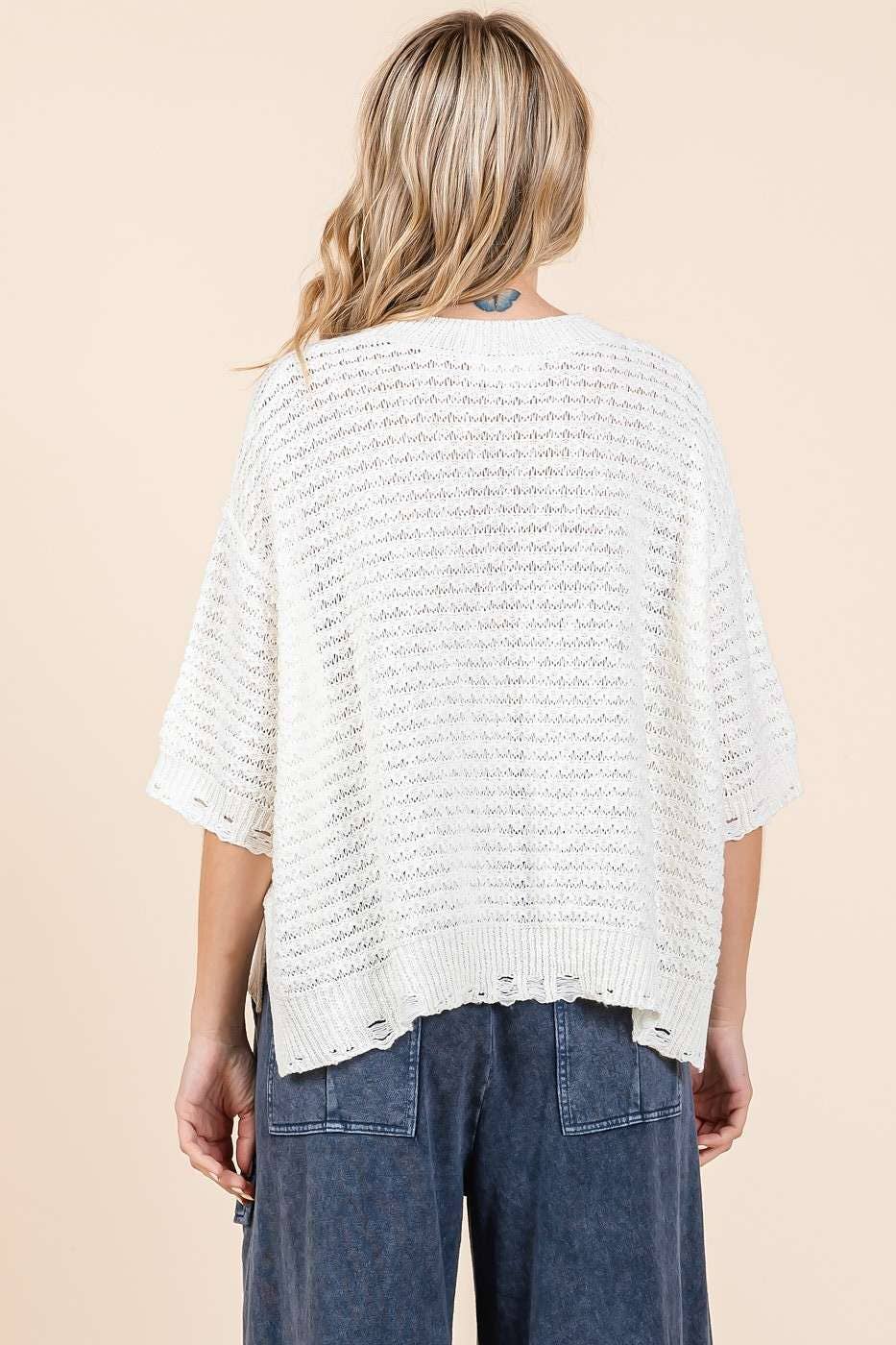 DISTRESSED HEM SHORT SLEEVE LOOSE SWEATER KNIT TOP