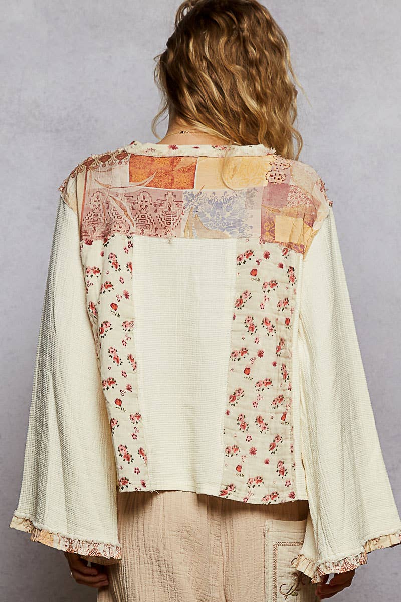 Long sleeve double gauze printed woven contrast top