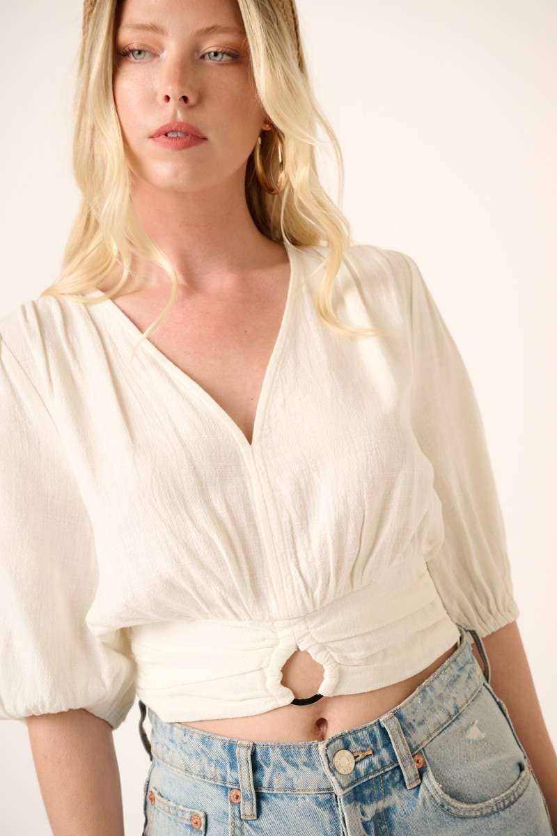 LINEN TEXTURE CROP BLOUSE