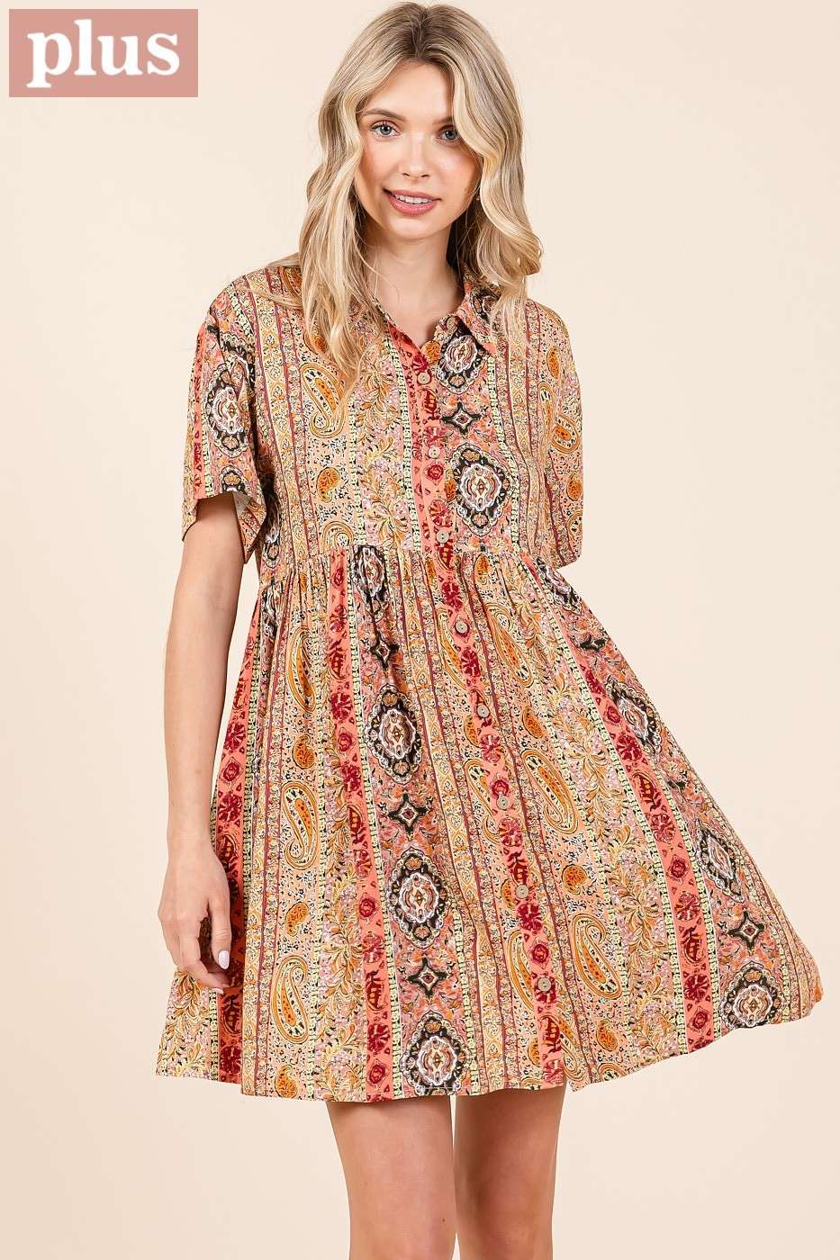 PAISLEY PATCHWORK PRINT MINI SHIRT DRESS (plus)