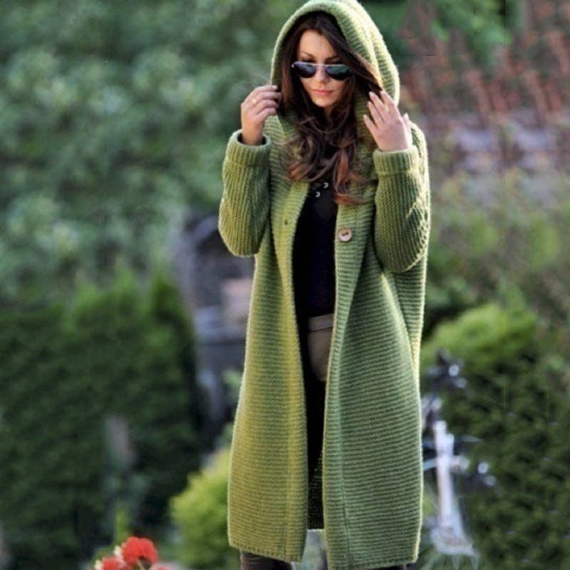 Button Hooded Solid Color Sweater Coat Cardigan