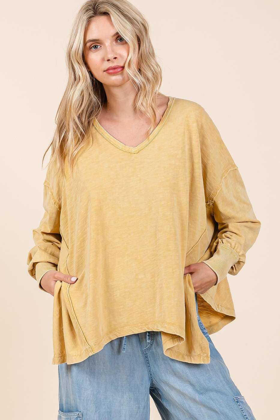 MINERAL WASH V-NECK LONG SLEEVE OVERSIZED TOP