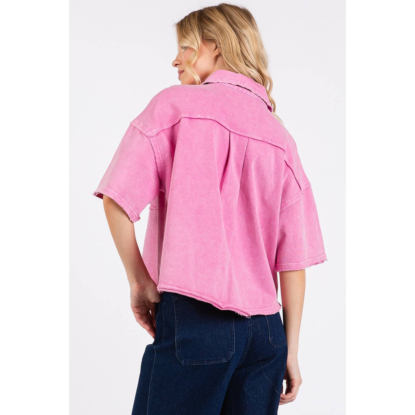 PINK MINERAL WASH BOXY SHORT SLEEVE BUTTON DOWN SHIRT