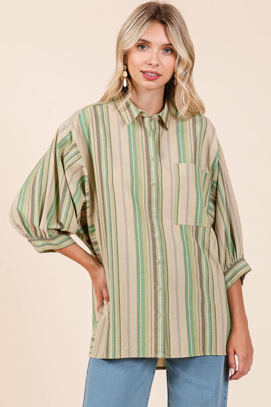 MULTICOLOR STRIPED BUBBLE SLEEVE BUTTON DOWN SHIRT