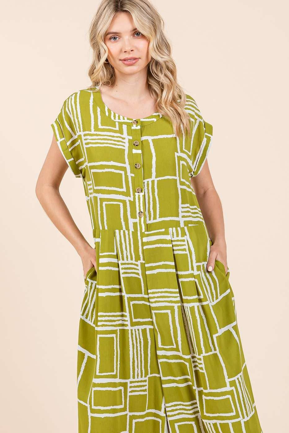 GEO PRINT PLEAT BUTTON DOWN SHORT SLEEVE JUMPSUIT