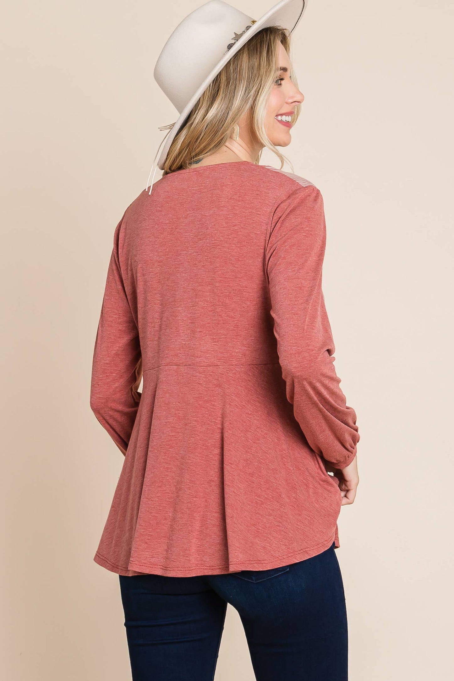 Cute Solid Long Sleeve Tunic Top (Plus)