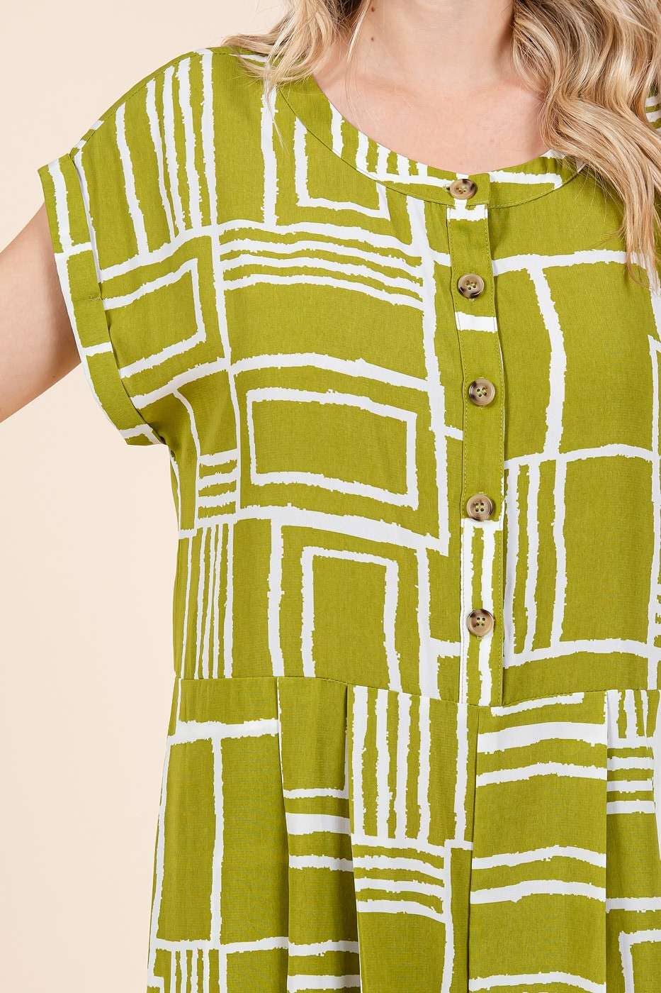 GEO PRINT PLEAT BUTTON DOWN SHORT SLEEVE JUMPSUIT