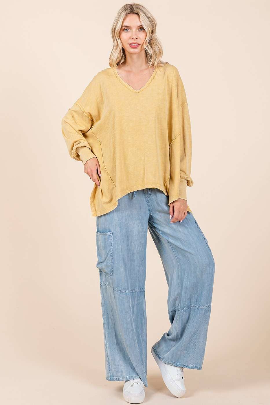 MINERAL WASH V-NECK LONG SLEEVE OVERSIZED TOP