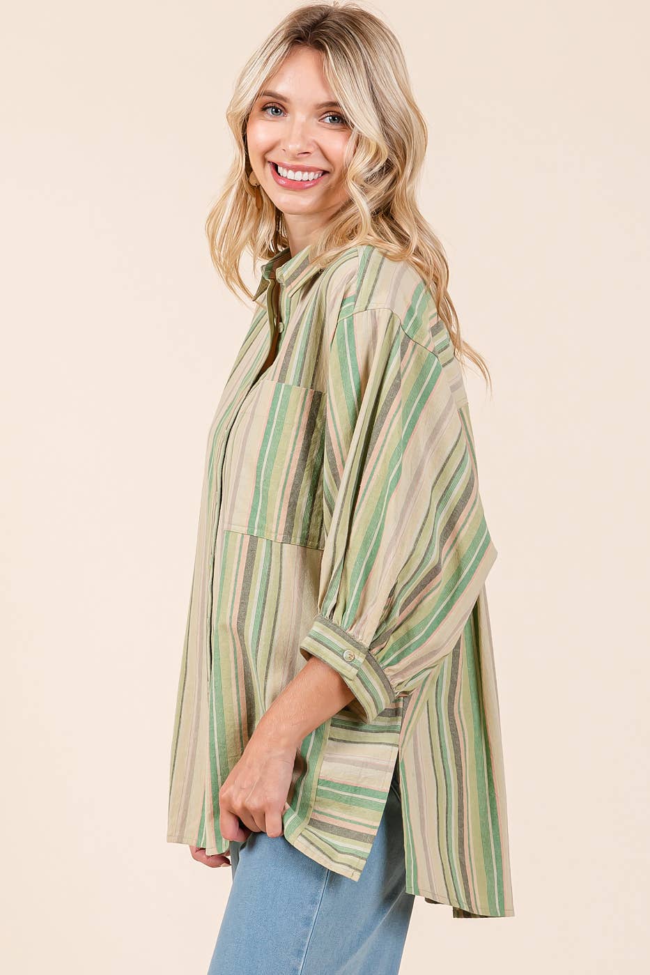 MULTICOLOR STRIPED BUBBLE SLEEVE BUTTON DOWN SHIRT