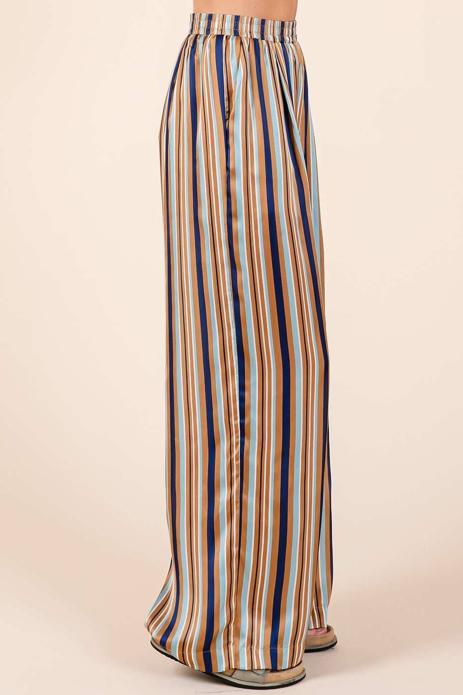 MULTICOLOR STRIPED PRINT SATIN ELASTIC WAIST PANTS