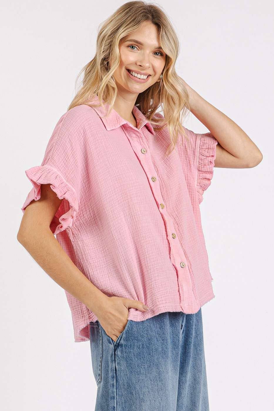 MINERAL WASH GAUZE RUFFLE SHORT SLEEVE SHIRT