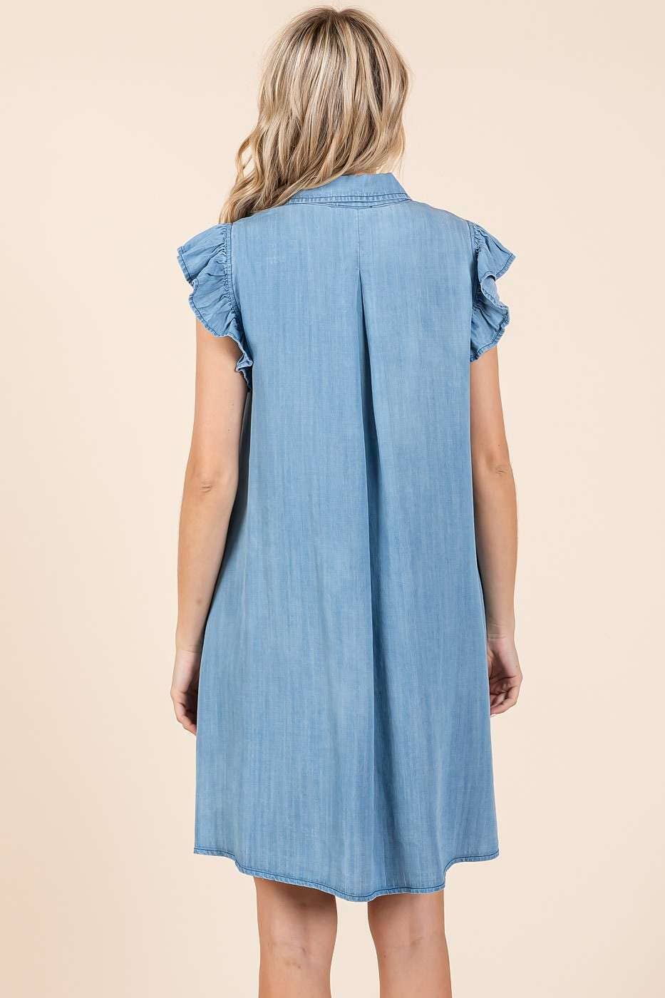 WASHED CHAMBRAY RUFFLE SLEEVE BUTTONED MINI DRESS