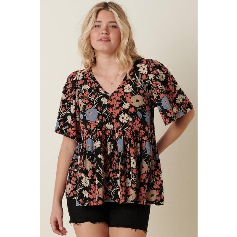 FLOWER PRINT V-NECK BABY DOLL KNIT BLOUSE