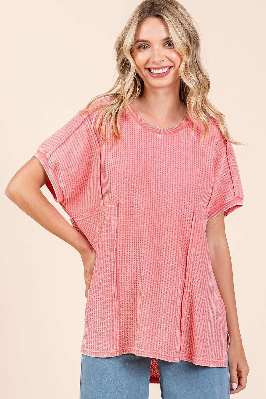 MINERAL WASH WAFFLE KNIT SEAM DETAIL TUNIC TOP: PASSION CORAL