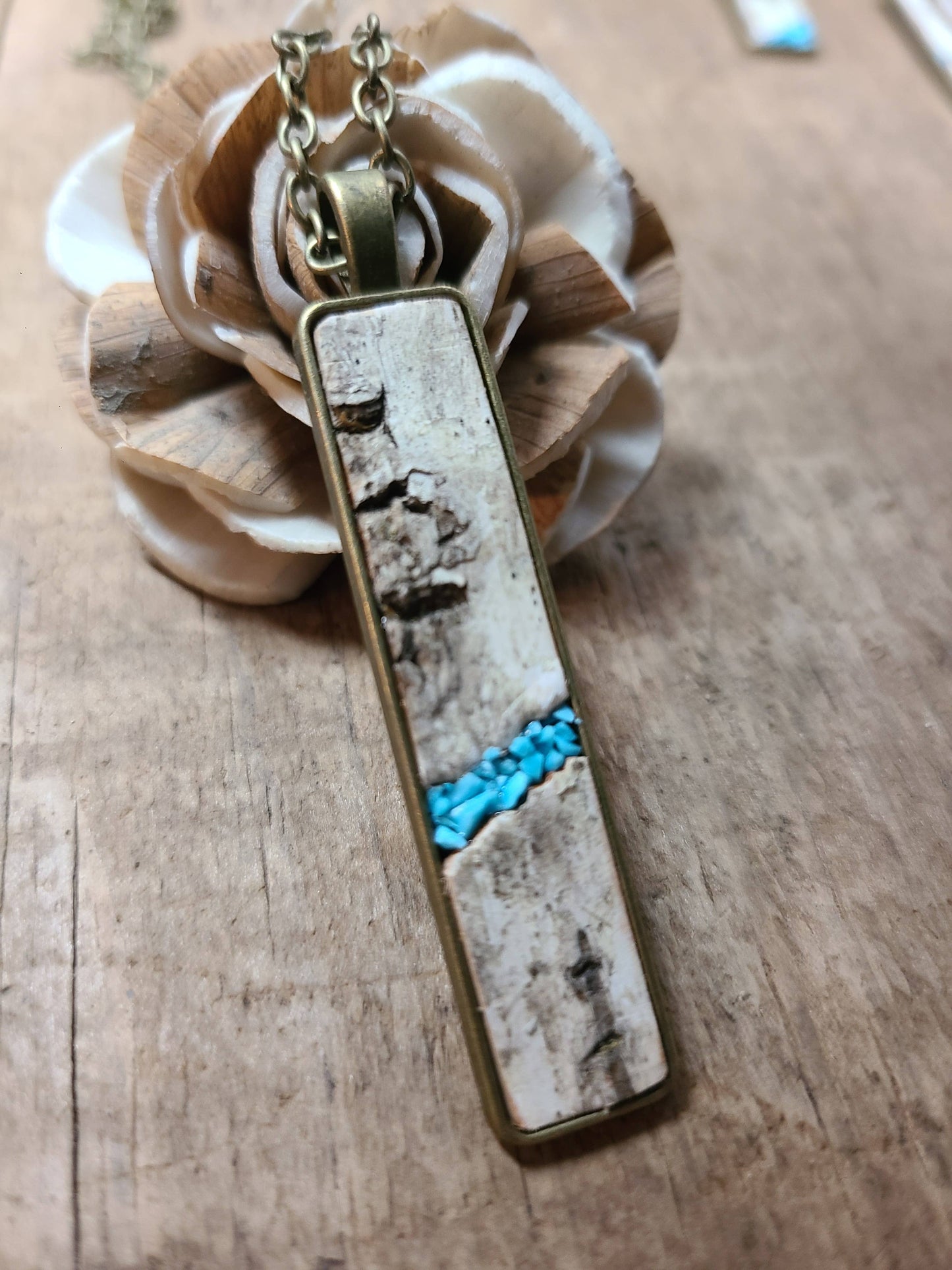 Natural Wood Birch Bark Turquoise Necklace