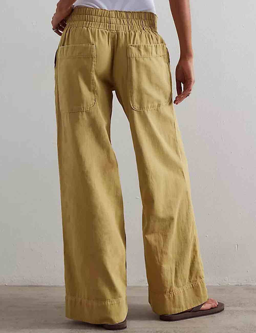 Ladies Elastic Waist Pocket Wide Leg Denim Pants