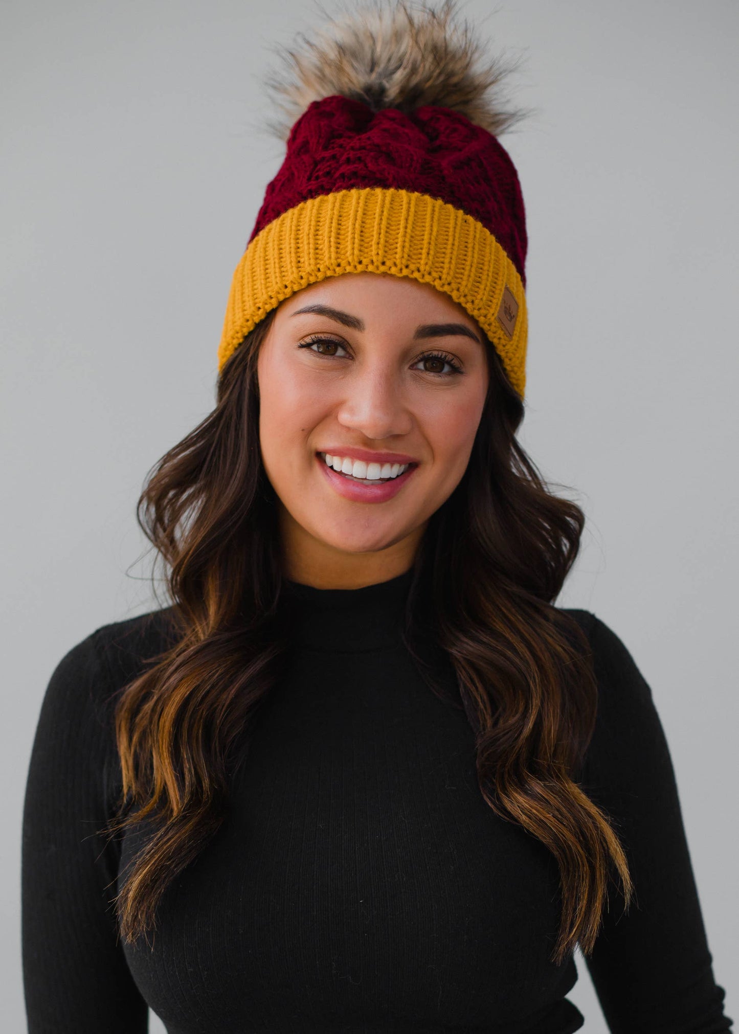 Maroon & Gold Trim Cable Knit Pom Hat
