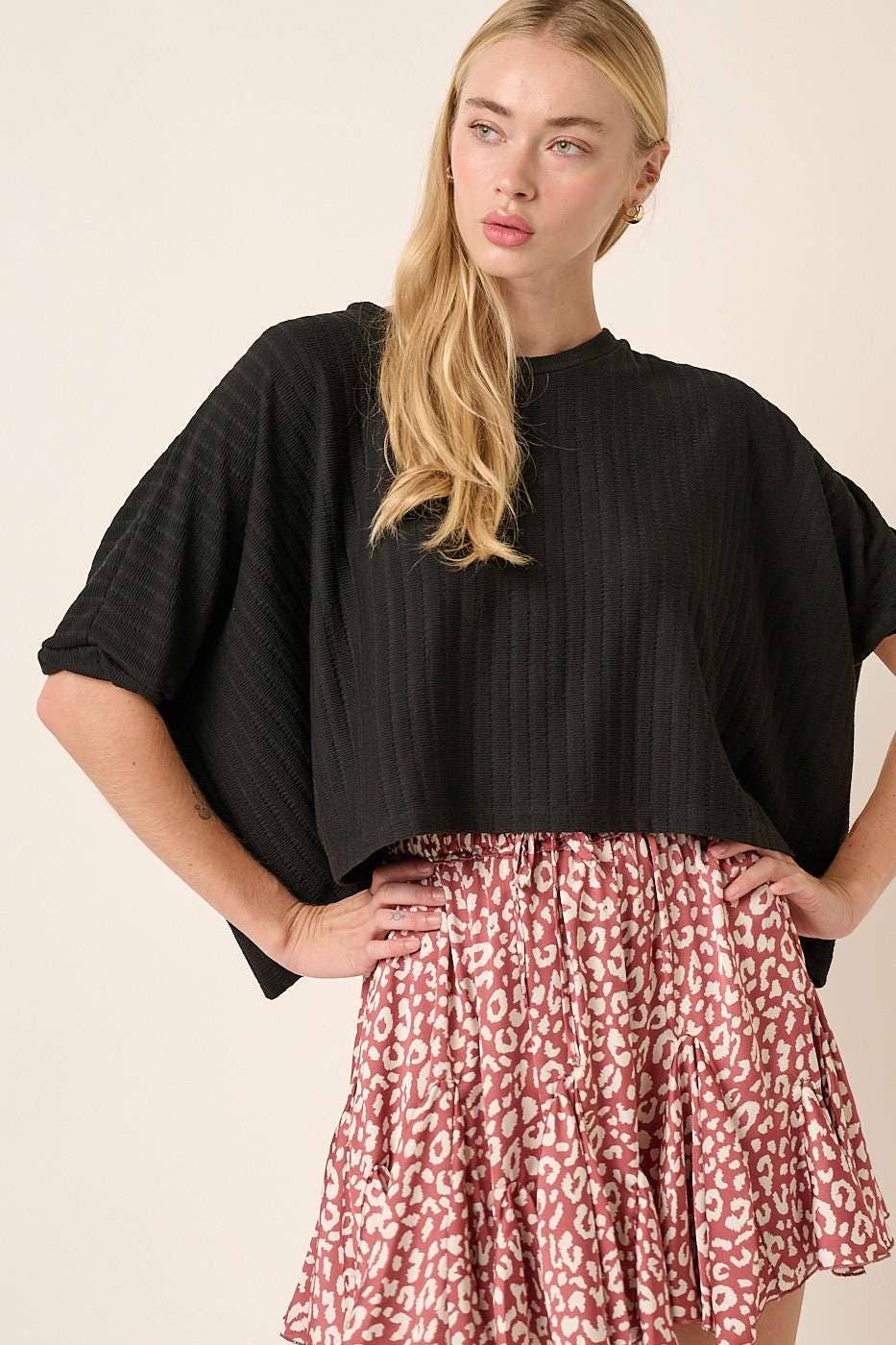 TEXTURE KNIT ROUND NECK DOLMAN SLEEVE TOP