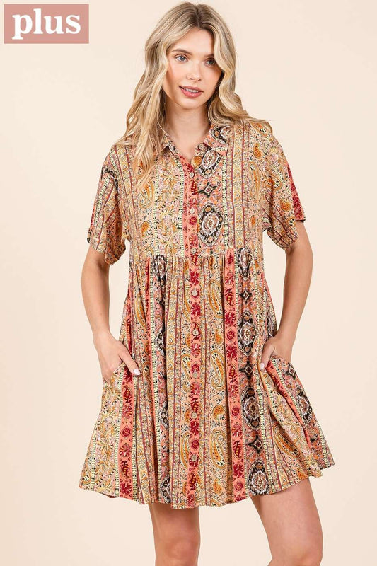 PAISLEY PATCHWORK PRINT MINI SHIRT DRESS (plus)