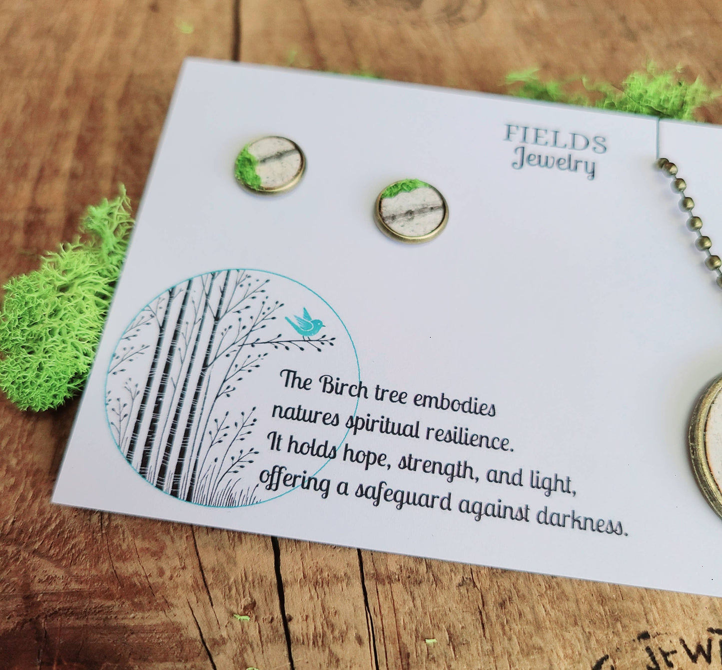 Mossy Birch Bark Circle Necklace & Stud Earring Set