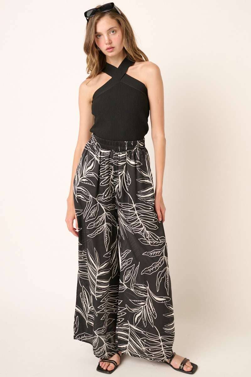 LEAF PRINT SATIN WIDE LEG PANTS